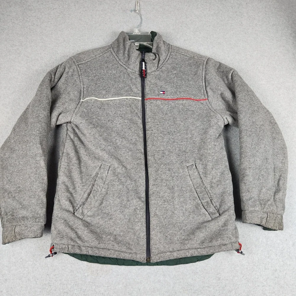 Tommy Hilfiger Reversible Jacket Mens L Green Gray Fleece Ripstop Zip Up Outdoor